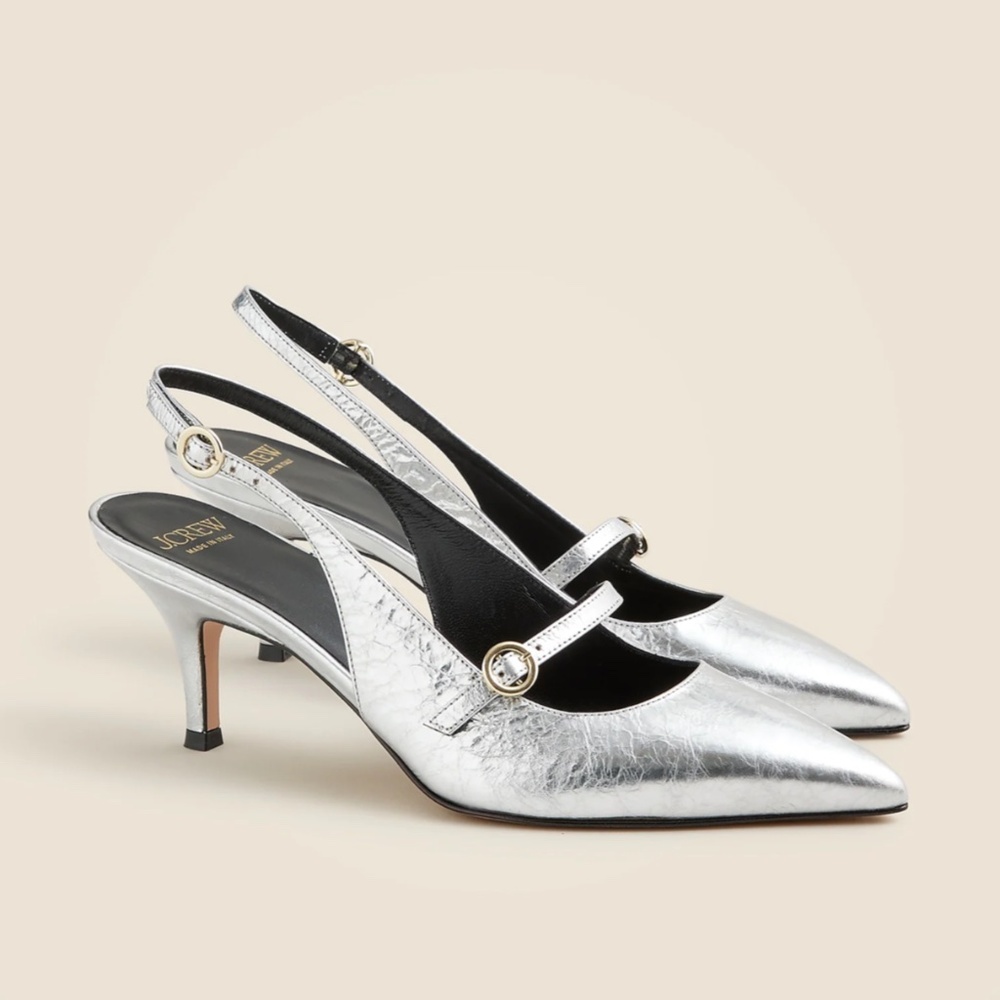 J. Crew Made in Italy, Colette buckle slingback pumps in metallic leather.